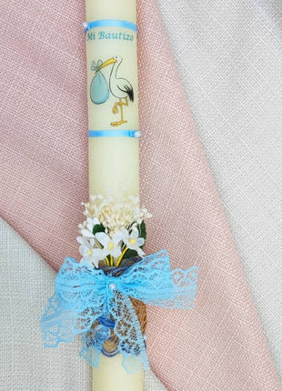 Vela de bautizo Cigüeña y encaje (40 X 3 cm)